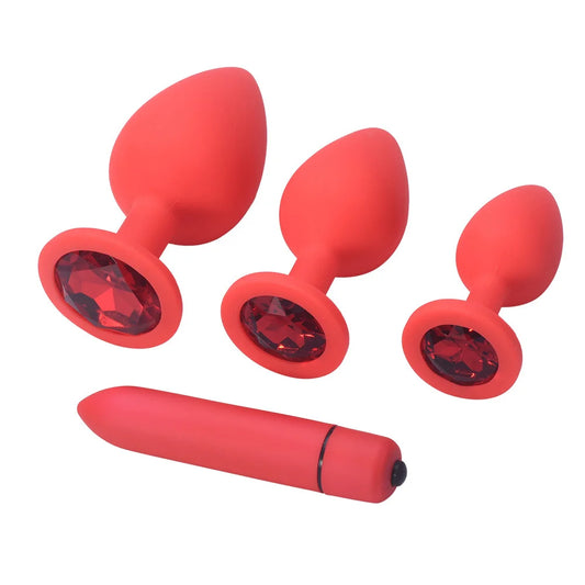 "Anal Plugs Set with graduated sizes for progressive pleasure, paired with compact Bullet Vibrator"